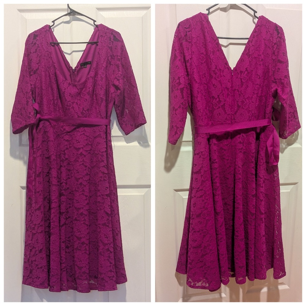 Romantic Lace Midi Dress Magenta Fit & Flare Lane Bryant Belted Plus Size